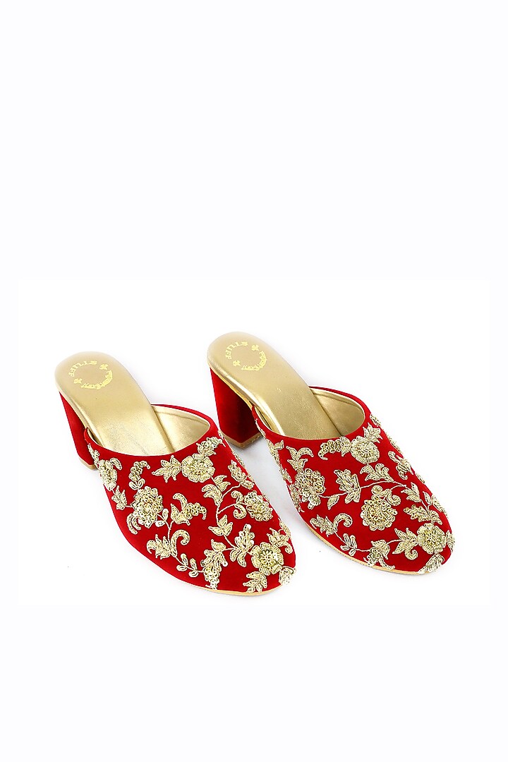 Red Hand Embroidered Mules by Rajasthani Stuff at Pernia's Pop Up Shop