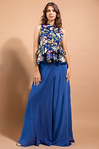 Cobalt Blue Pure Satin Organza & Crepe Pant Set by RIDDHI JAIN LABEL