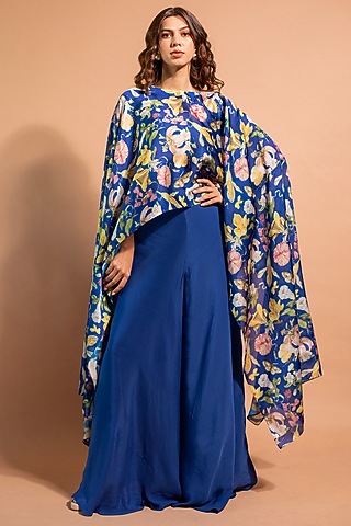 Cobalt Blue Pure Satin Organza & Crepe Floral Printed Poncho Set by RIDDHI JAIN LABEL