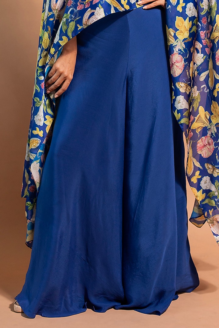 Cobalt Blue Pure Satin Organza & Crepe Floral Printed Poncho Set by RIDDHI JAIN LABEL at Pernia's Pop Up Shop