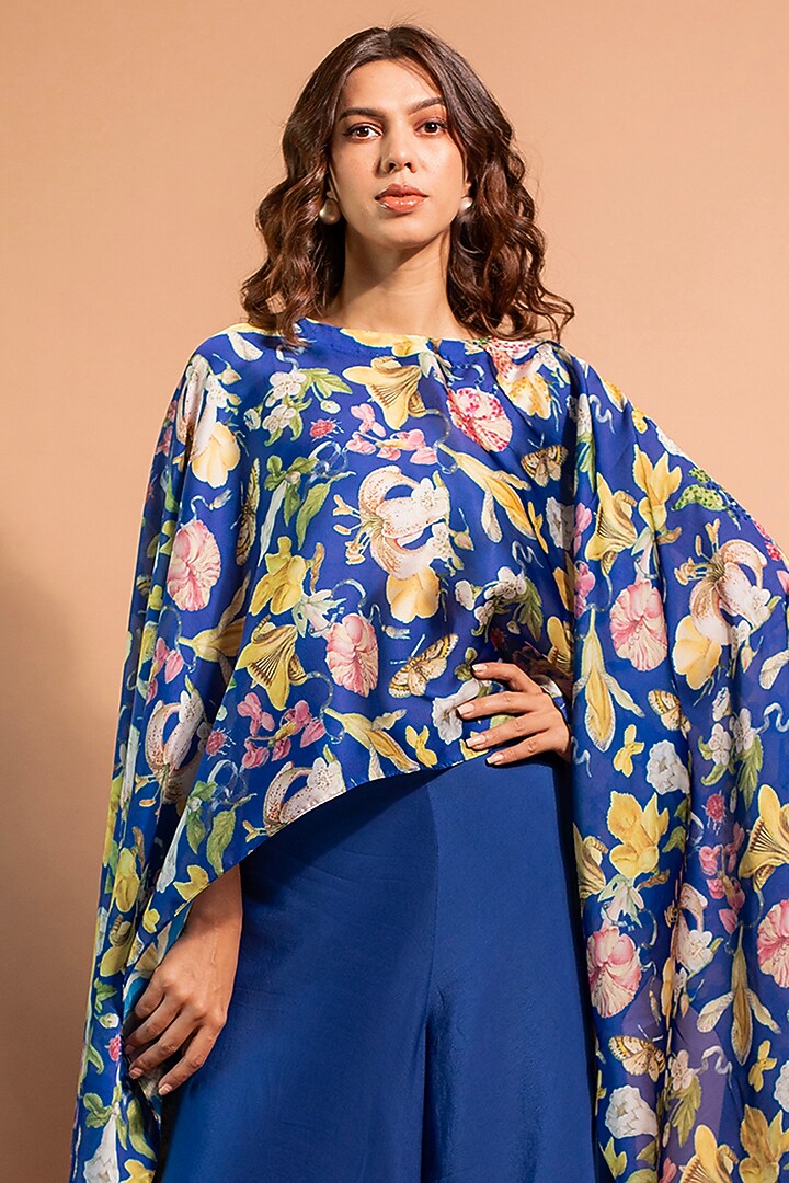 Cobalt Blue Pure Satin Organza & Crepe Floral Printed Poncho Set by RIDDHI JAIN LABEL at Pernia's Pop Up Shop
