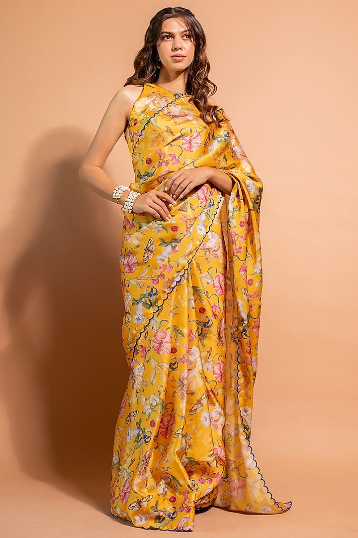 Yellow Satin Organza Floral Printed Saree Set by RIDDHI JAIN LABEL