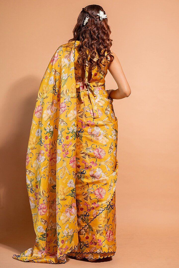 Yellow Satin Organza Floral Printed Party Wear Saree Set by RIDDHI JAIN LABEL at Pernia's Pop Up Shop