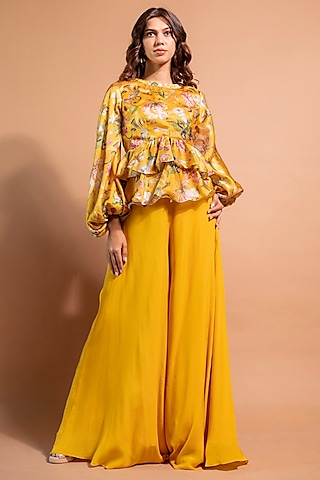 Yellow Pure Satin Organza & Crepe Pant Set by RIDDHI JAIN LABEL