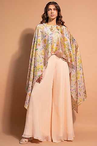 Pink Pure Satin Organza & Crepe Floral Printed Poncho Set by RIDDHI JAIN LABEL