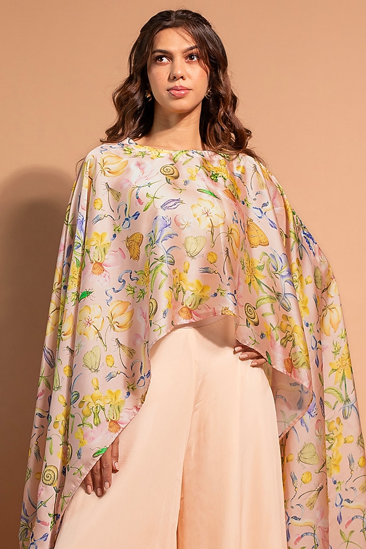 Pink Pure Satin Organza & Crepe Floral Printed Poncho Set by RIDDHI JAIN LABEL at Pernia's Pop Up Shop