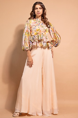 Pink Pure Satin Organza & Crepe Pant Set by RIDDHI JAIN LABEL