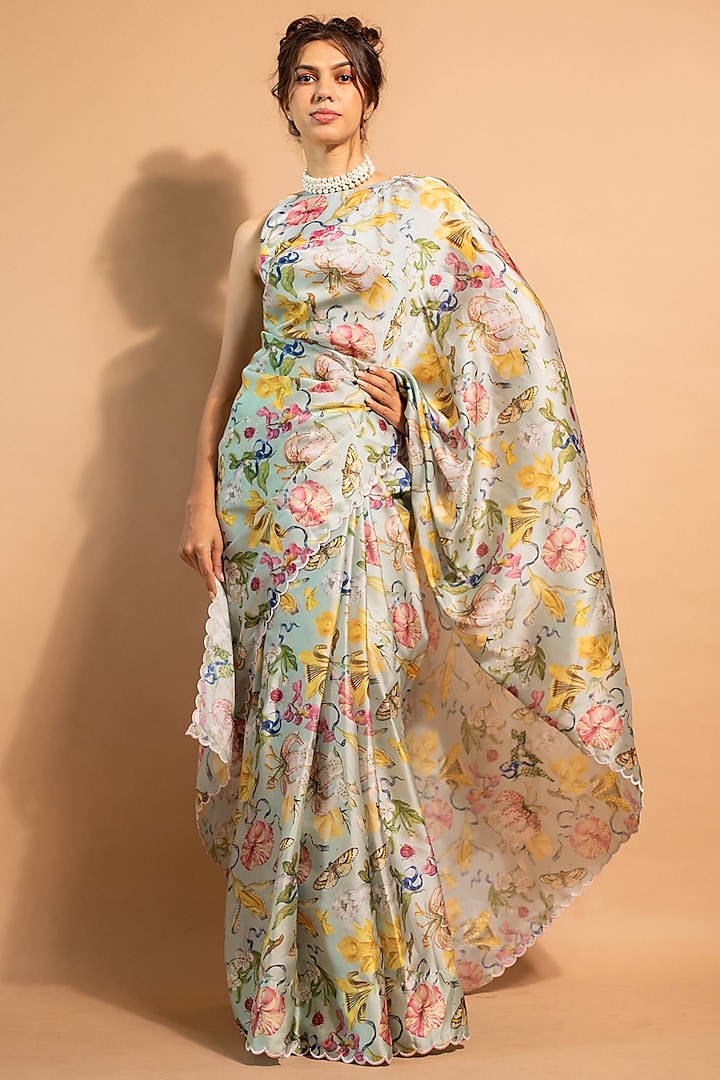 Mint Satin Organza Floral Printed Saree Set by RIDDHI JAIN LABEL