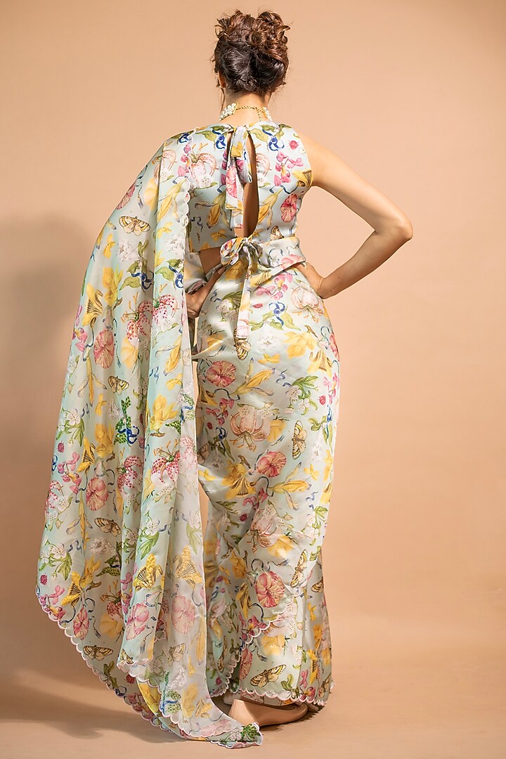 Mint Satin Organza Floral Printed Party Wear Saree Set by RIDDHI JAIN LABEL at Pernia's Pop Up Shop
