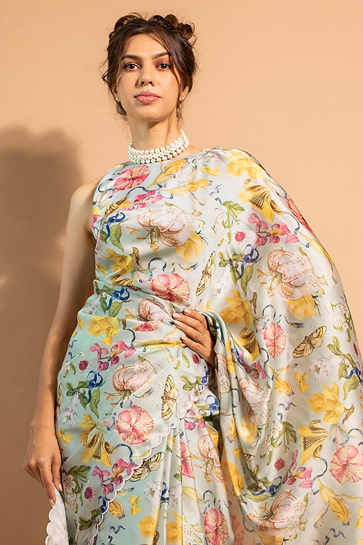Mint Satin Organza Floral Printed Party Wear Saree Set by RIDDHI JAIN LABEL at Pernia's Pop Up Shop
