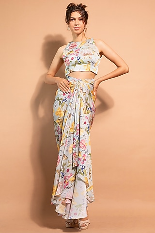 Mint Satin Silk Floral Printed Dhoti Skirt Set by RIDDHI JAIN LABEL