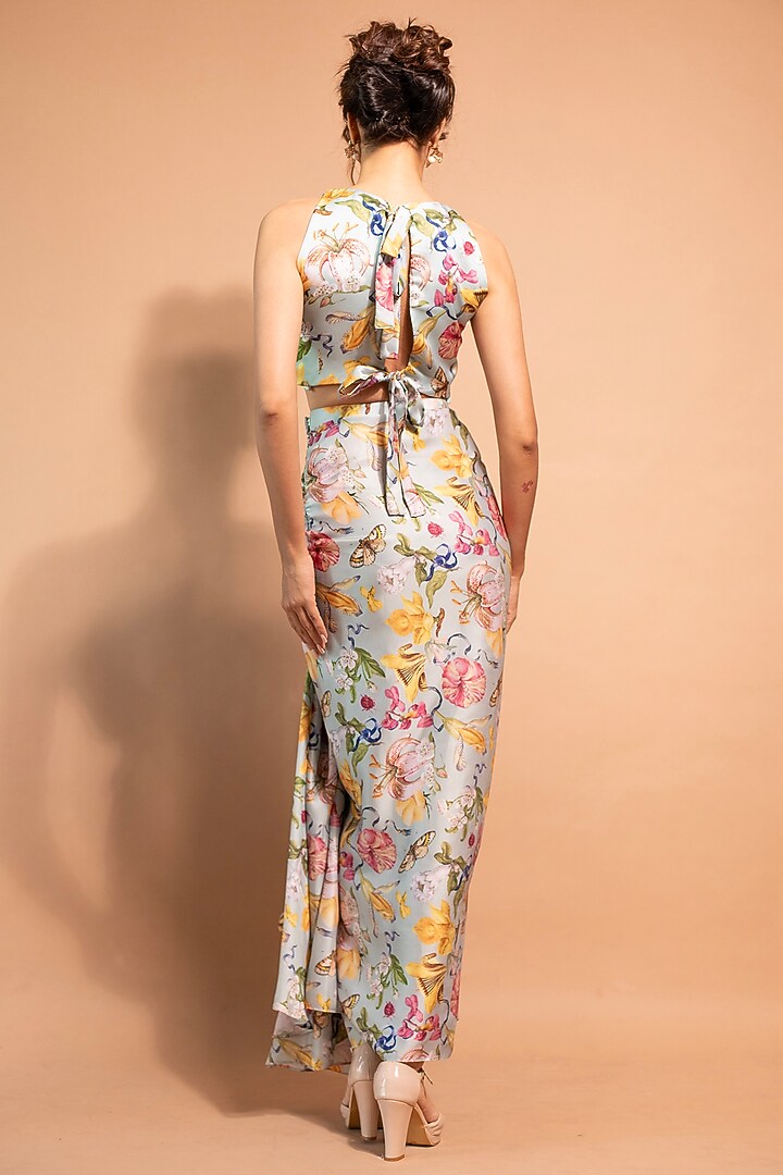 Mint Satin Silk Floral Printed Dhoti Skirt Set by RIDDHI JAIN LABEL at Pernia's Pop Up Shop