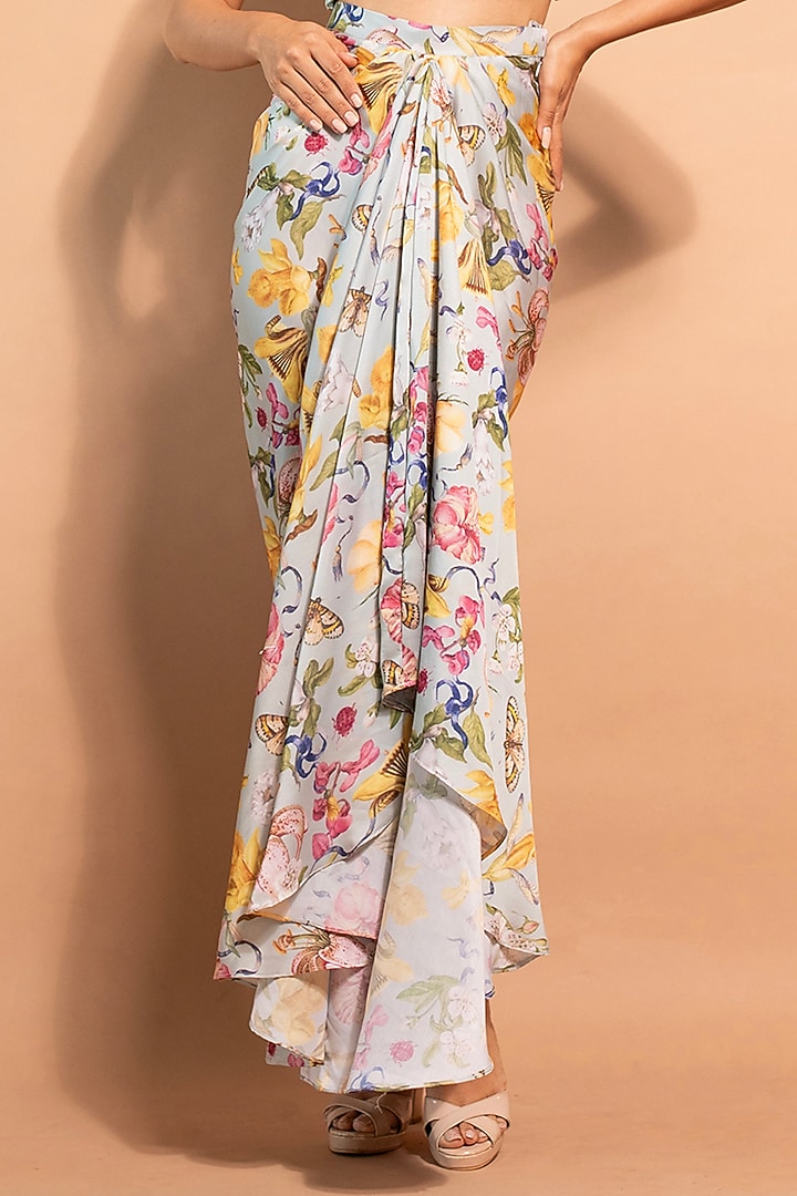 Mint Satin Silk Floral Printed Dhoti Skirt Set by RIDDHI JAIN LABEL at Pernia's Pop Up Shop