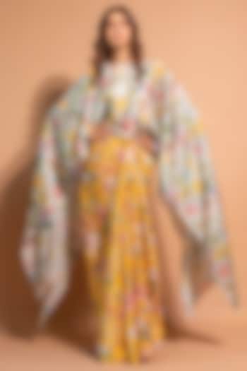 Yellow Satin Organza & Crepe Floral Printed Skirt Set by RIDDHI JAIN LABEL