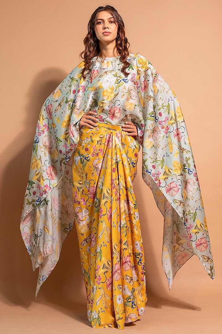 Yellow Satin Organza & Crepe Floral Printed Skirt Set by RIDDHI JAIN LABEL