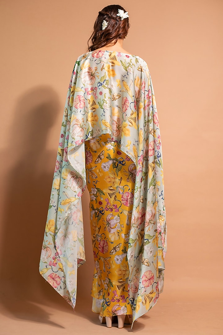 Yellow Satin Organza & Crepe Floral Printed Skirt Set by RIDDHI JAIN LABEL at Pernia's Pop Up Shop