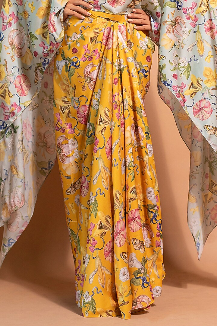 Yellow Satin Organza & Crepe Floral Printed Skirt Set by RIDDHI JAIN LABEL at Pernia's Pop Up Shop
