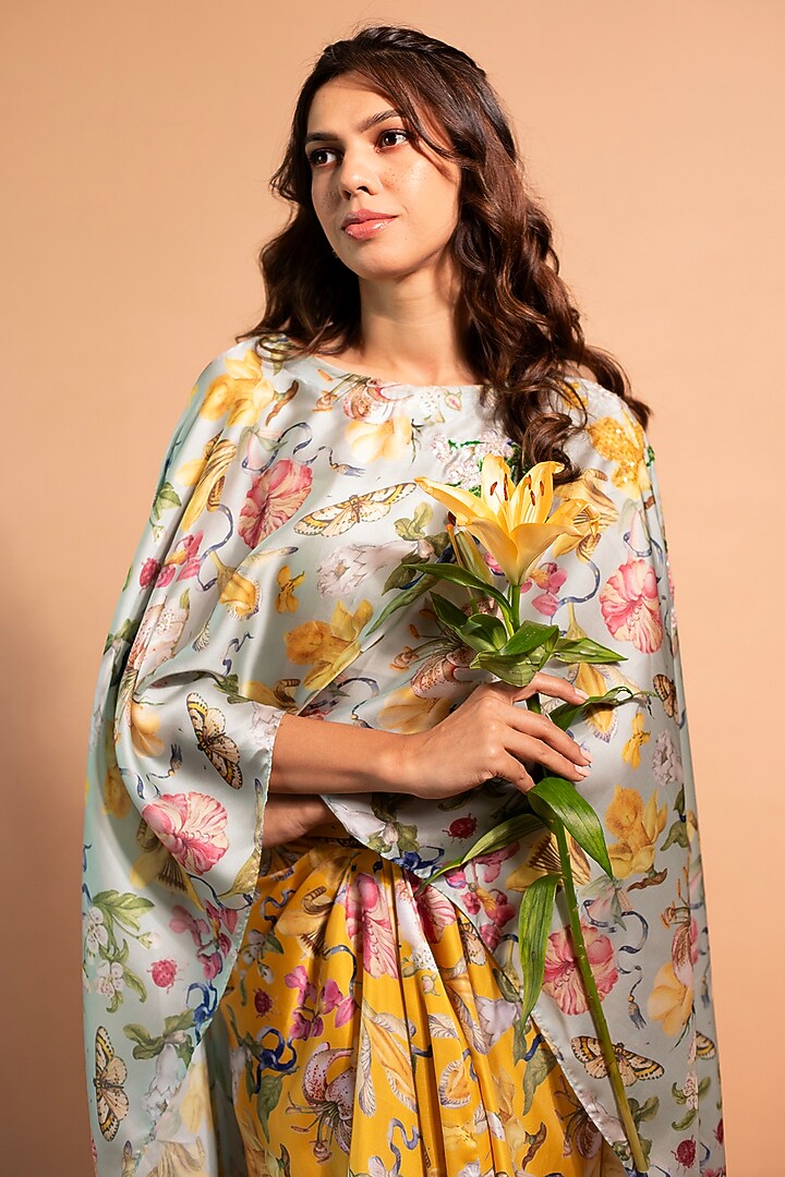 Yellow Satin Organza & Crepe Floral Printed Skirt Set by RIDDHI JAIN LABEL at Pernia's Pop Up Shop