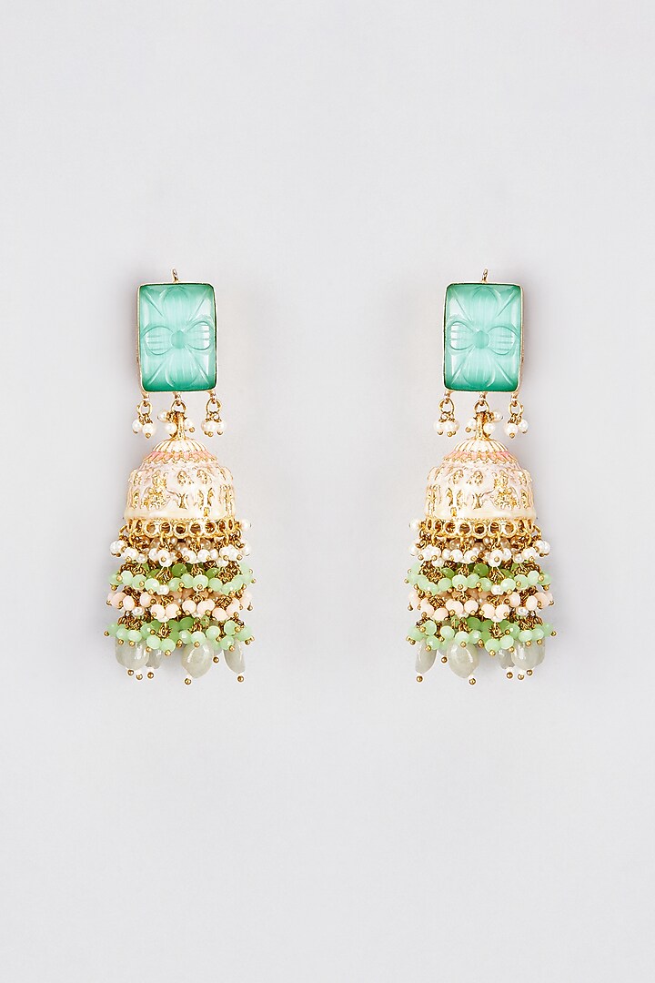 Gold Finish Kundan Jhumka Earrings by Rejuvenate Jewels at Pernia's Pop Up Shop