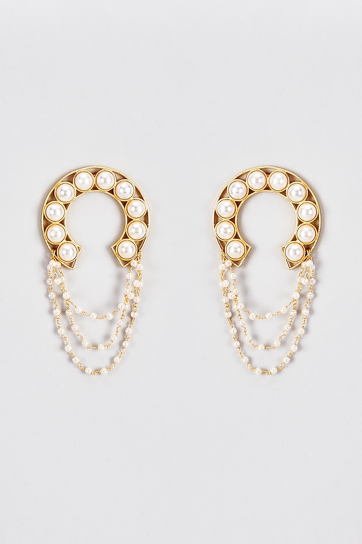 Gold Finish Pearl Dangler Earrings by Rejuvenate Jewels