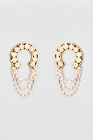 Gold Finish Pearl Dangler Earrings by Rejuvenate Jewels