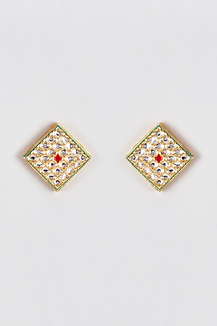 Gold Finish Kundan Polki Rhombus Earrings by Rejuvenate Jewels