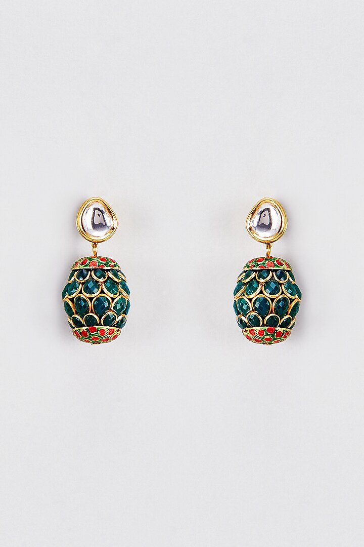 Gold Finish Kundan & Emerald Dangler Earrings by Rejuvenate Jewels