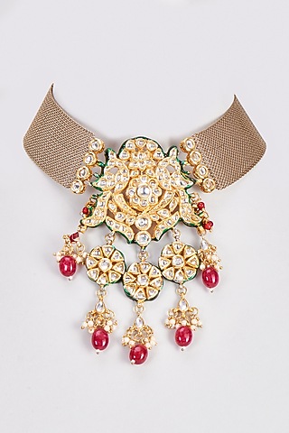 Gold Finish Kundan Polki Choker Necklace by Rejuvenate Jewels