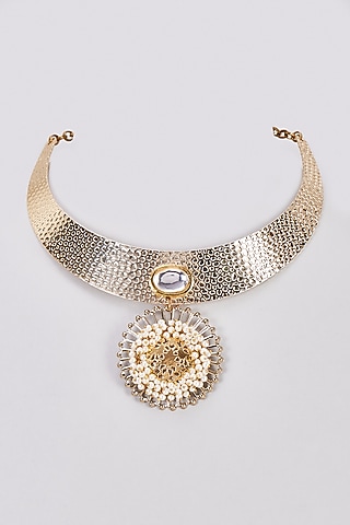Gold Finish Kundan Polki Choker Necklace by Rejuvenate Jewels