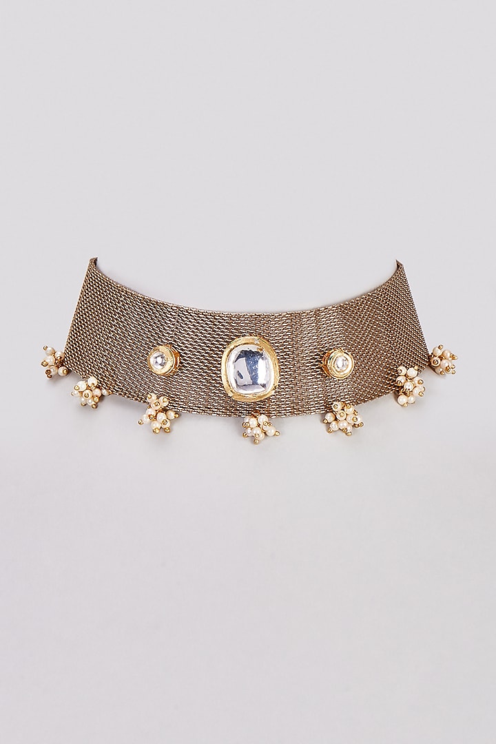 Gold Finish Kundan Polki Choker Necklace by Rejuvenate Jewels