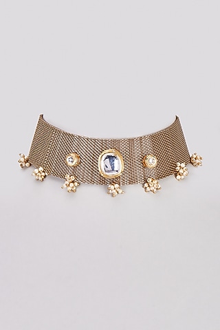 Gold Finish Kundan Polki Choker Necklace by Rejuvenate Jewels
