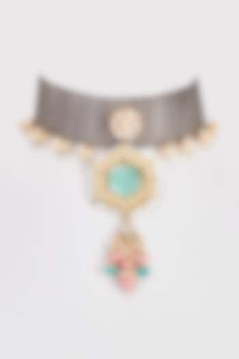 Black Rhodium Finish Semi Precious Stone Choker Necklace by Rejuvenate Jewels