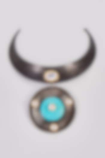 Black Rhodium Finish Blue Agate Stone Necklace by Rejuvenate Jewels
