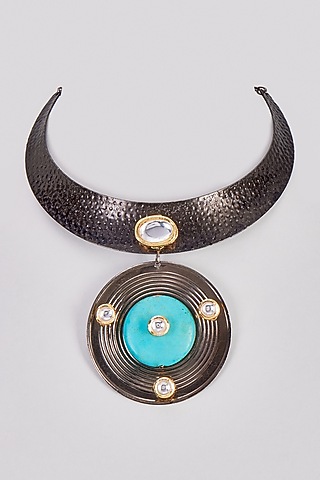 Black Rhodium Finish Blue Agate Stone Necklace by Rejuvenate Jewels