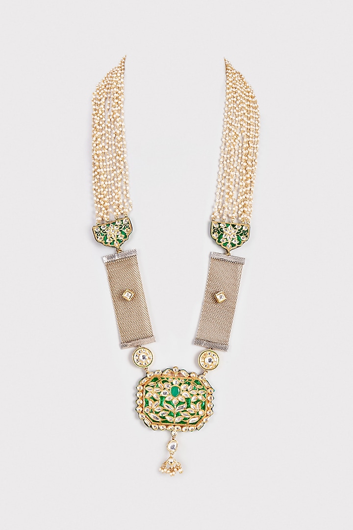 Gold Finish Meenakari Long Layered Necklace by Rejuvenate Jewels at Pernia's Pop Up Shop