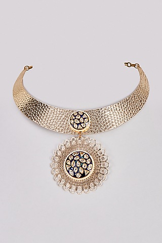 Gold Finish Kundan Polki Choker Necklace by Rejuvenate Jewels