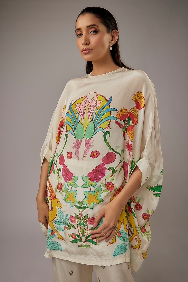 Ivory Crepe Printed Kaftan Set by Rajat tangri at Pernia's Pop Up Shop