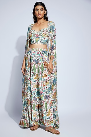 Ivory Georgette Mugal Printed Cape Set by Rajat tangri 