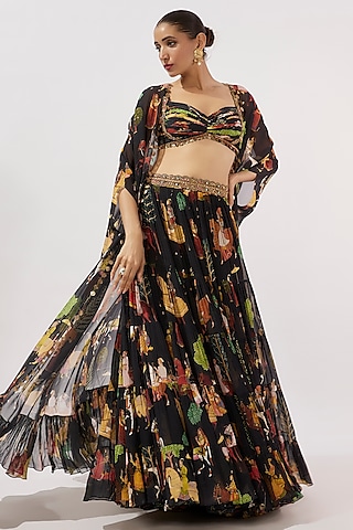 Black Georgette Hand Embroidered Flowy Lehenga Set by Rajat tangri 