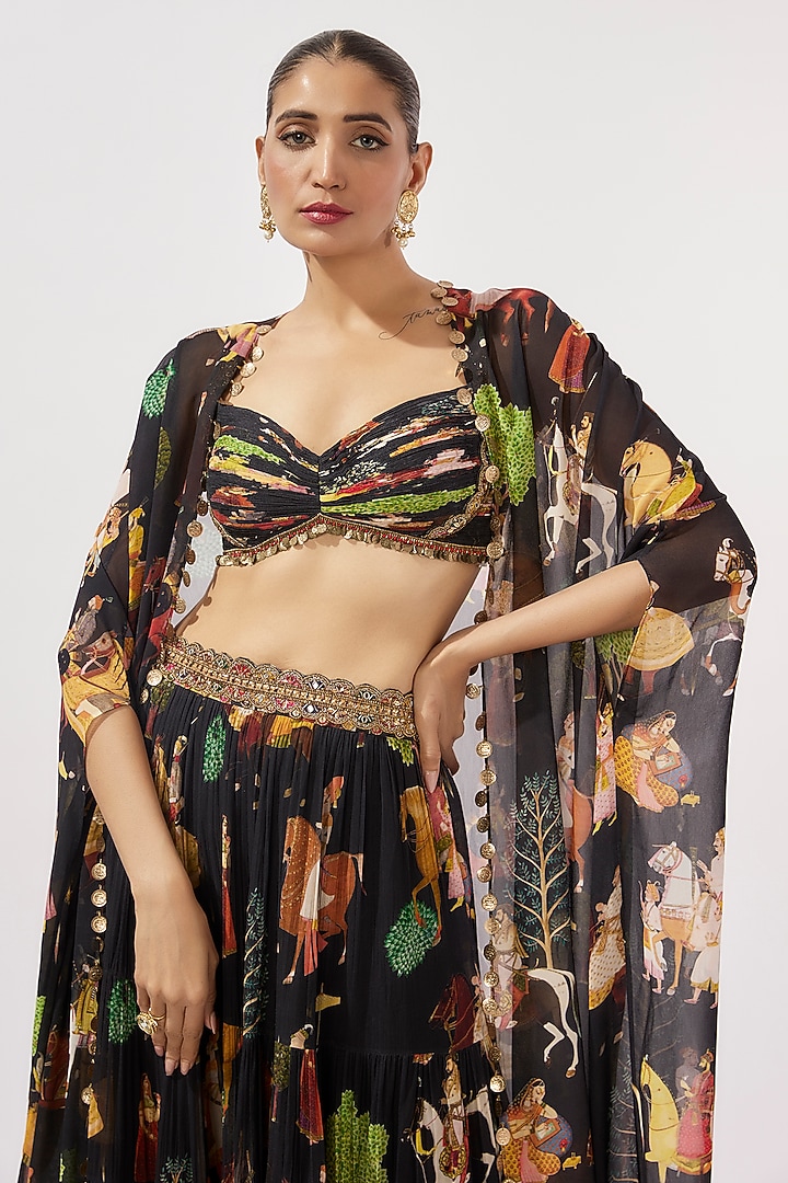 Black Georgette Hand Embroidered Flowy Wedding Lehenga Set by Rajat tangri at Pernia's Pop Up Shop