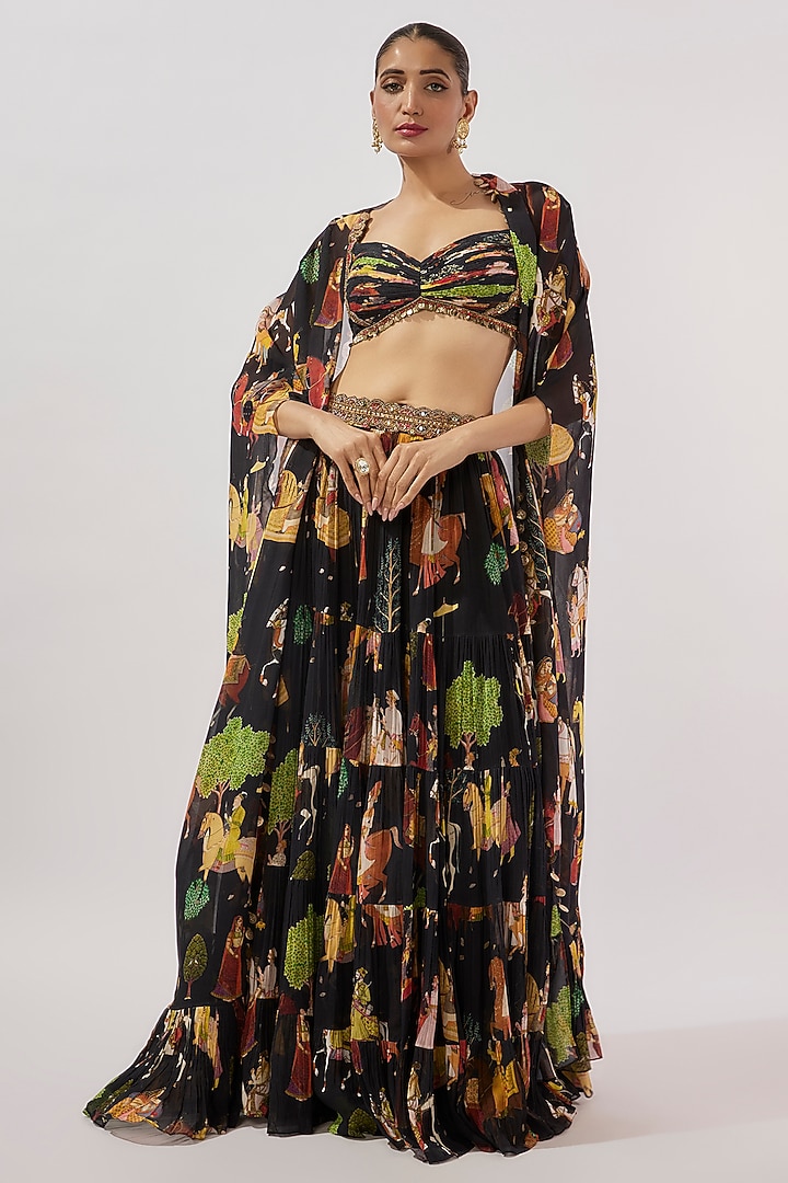 Black Georgette Hand Embroidered Flowy Wedding Lehenga Set by Rajat tangri at Pernia's Pop Up Shop
