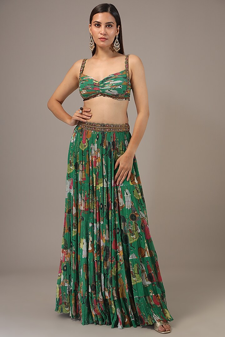 Green Georgette Hand Embroidered Jacket Wedding Lehenga Set by Rajat Tangri at Pernia's Pop Up Shop