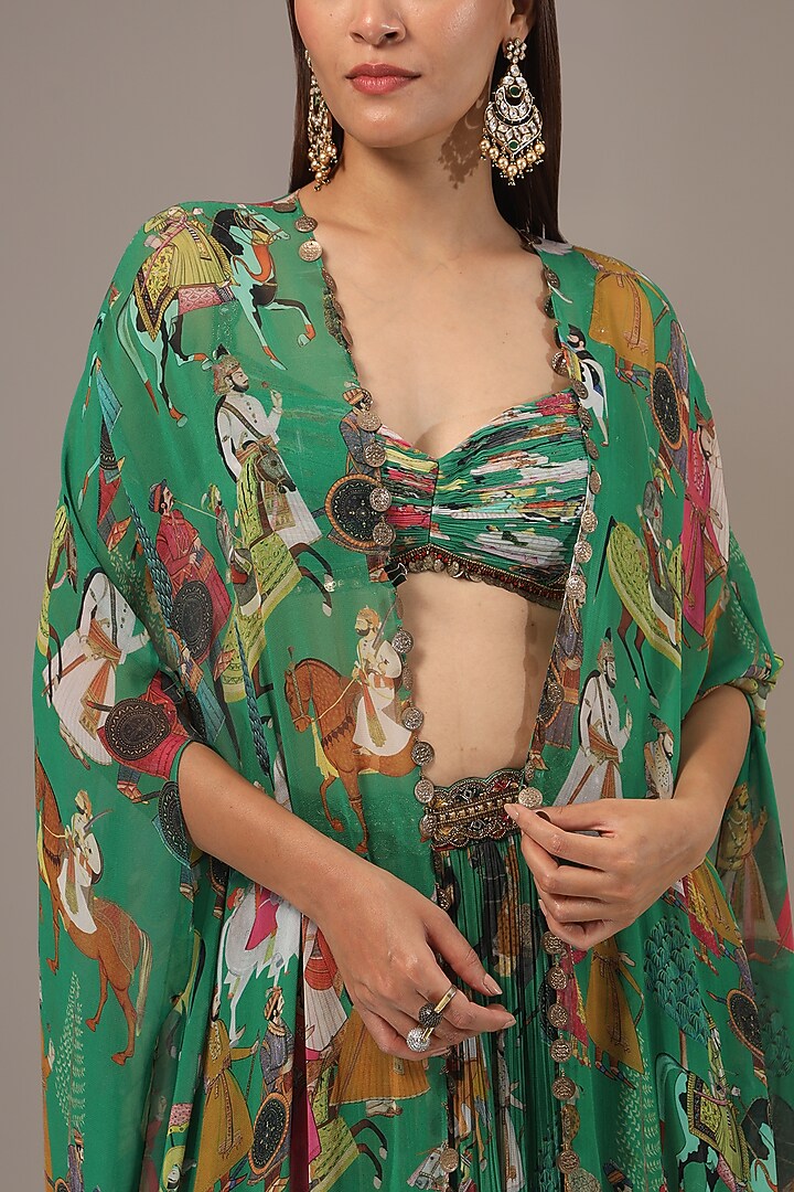 Green Georgette Hand Embroidered Jacket Wedding Lehenga Set by Rajat Tangri at Pernia's Pop Up Shop