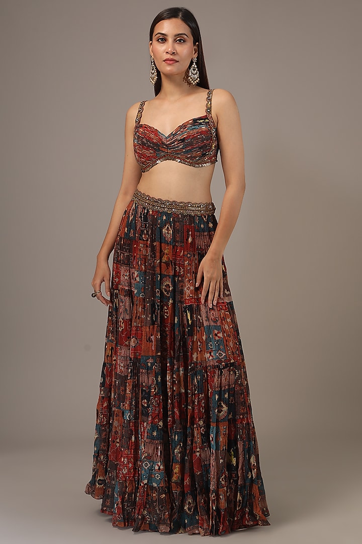 Multi-Colored Georgette Hand Embroidered Jacket Wedding Lehenga Set by Rajat Tangri at Pernia's Pop Up Shop