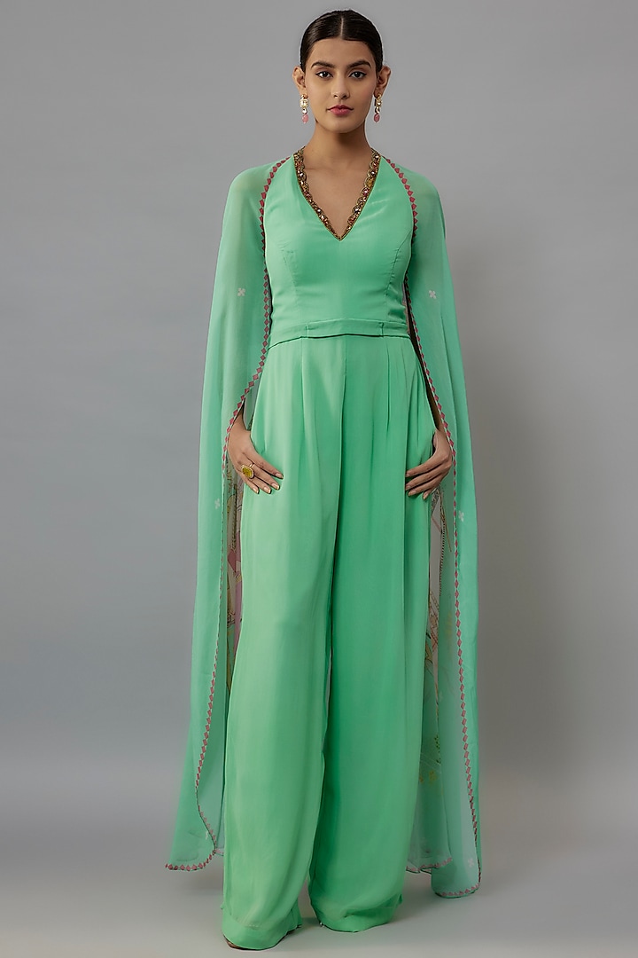 Aqua Georgette Hand Embroidered Jumpsuit by Rajat Tangri