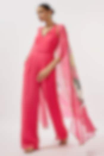 Fuchsia Georgette Hand Embroidered Jumpsuit by Rajat tangri 