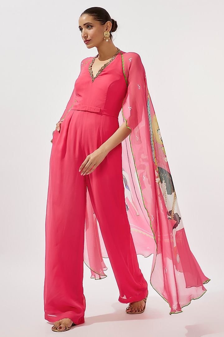 Fuchsia Georgette Hand Embroidered Jumpsuit by Rajat tangri 