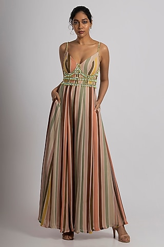 Multi-Colored Georgette Stripe Printed & Embroidered Jumpsuit by Rajat tangri 
