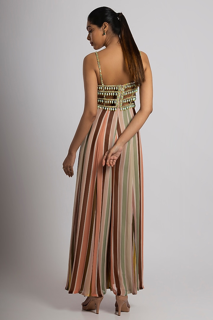 Multi-Colored Georgette Stripe Printed & Embroidered Jumpsuit by Rajat tangri at Pernia's Pop Up Shop
