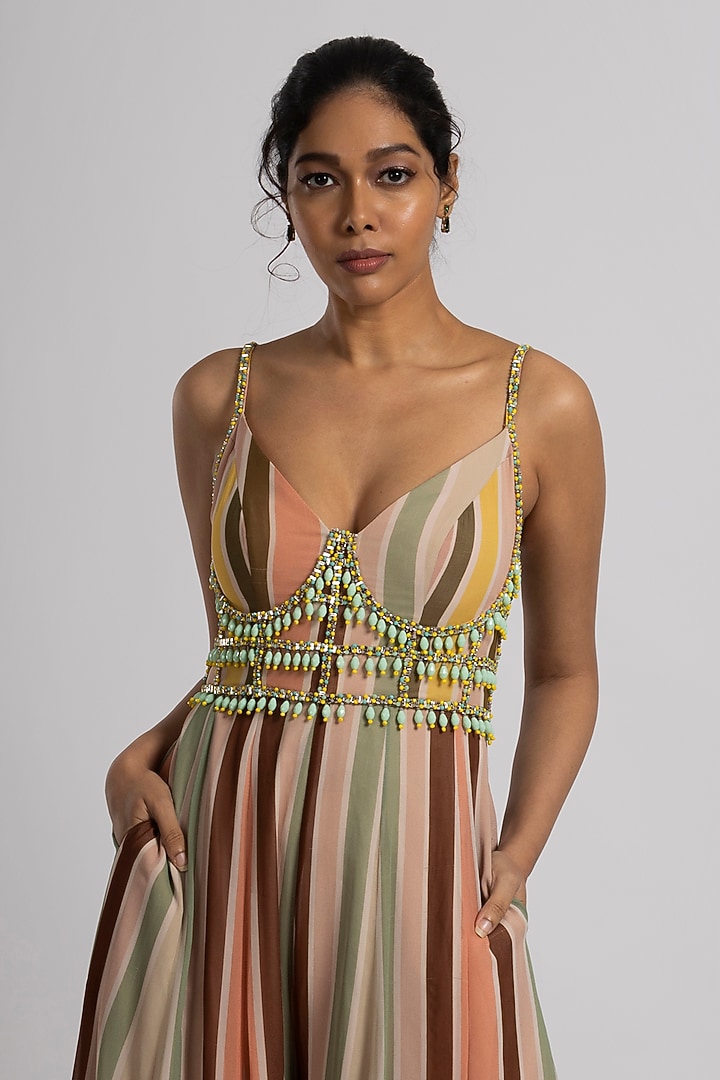 Multi-Colored Georgette Stripe Printed & Embroidered Jumpsuit by Rajat tangri at Pernia's Pop Up Shop